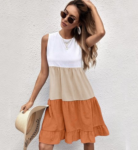 

Casual Cotton Blends Color Block Crew Neck Dresses, Orange, Mini Dresses