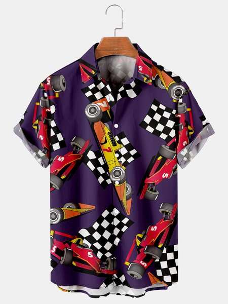

Fun Car Graphic Short Sleeve Casual Men's Shirt, As picture, Men's Floral shirt