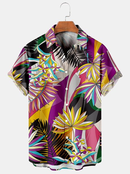 

Hawaiian Plants and Flowers Graphic Casual Breathable Short Sleeve Shirts, As picture, Men's Floral shirt