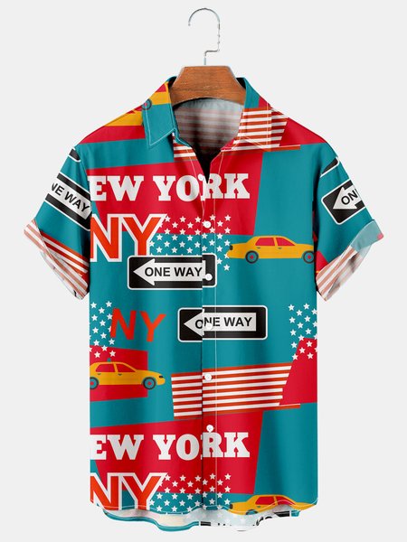 

Fun Car Graphic Short Sleeve Casual Men's Shirt, As picture, Men's Floral shirt