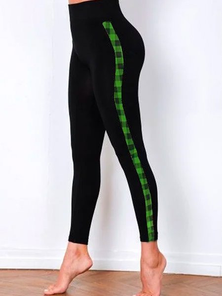 

Tight stitching green plaid leggings, Black, Leggings