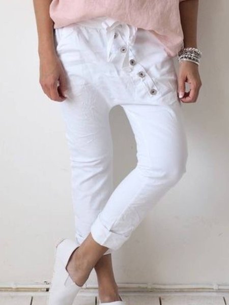 

Cotton Blends Buttoned Casual Pants, White, Pants