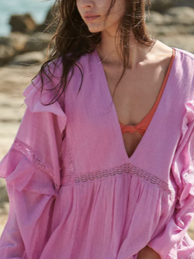 

Loosen V Neck Casual Shirts & Tops, Pink, Long sleeve tops