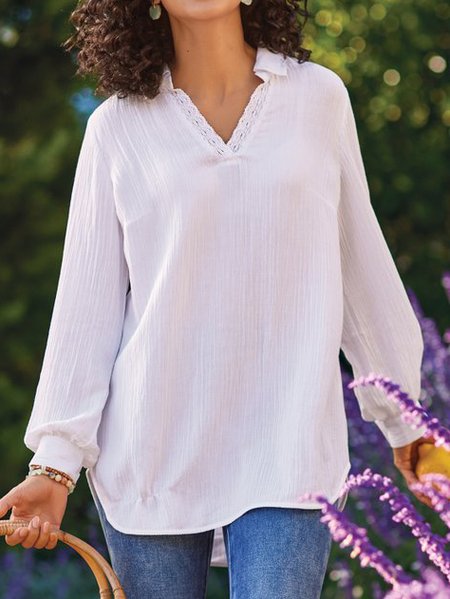 

Casual Loosen Cotton Blends Shirts & Tops, White, Blouses & Shirts