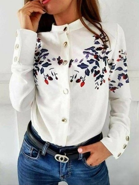 

Long sleeve Floral Regular Fit Stand Collar Shirt, White, Blouses and Shirts