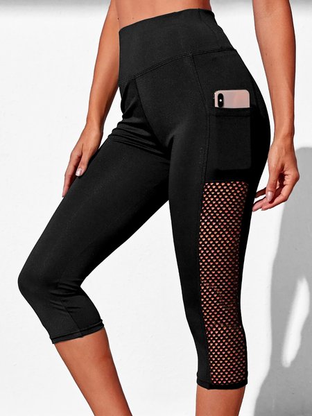 

Casual Tight Mesh Stitching Cropped Trousers, Black, Leggings