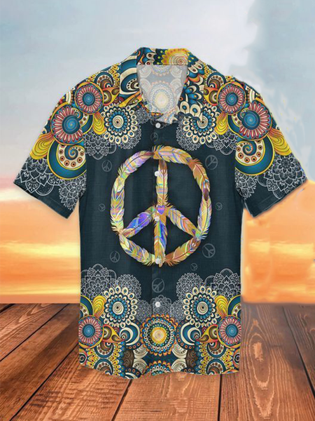 

Holiday Leisure Music Elements Hippie Culture And Geometric Pattern Hawaiian Style Printed Shirt Top, As picture, Men's Floral shirt