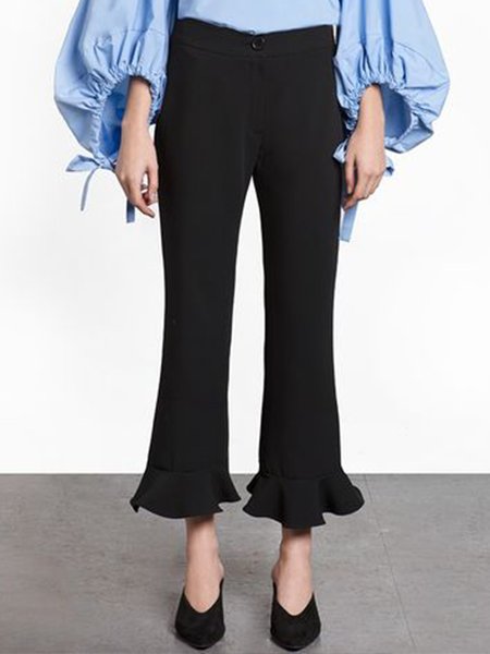 

Mid Waist Elegant Plain Daily Pants, Black, Straight Leg Pants