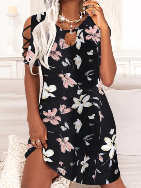 

Casual Short Sleeve Round Neck Plus Size Printed Dress, Black, Mini Dresses
