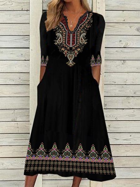

Boho Tribal Pattern 3/4 Sleeve Lace Notched Plus Size Casual Dresses, Black, Midi Dresses