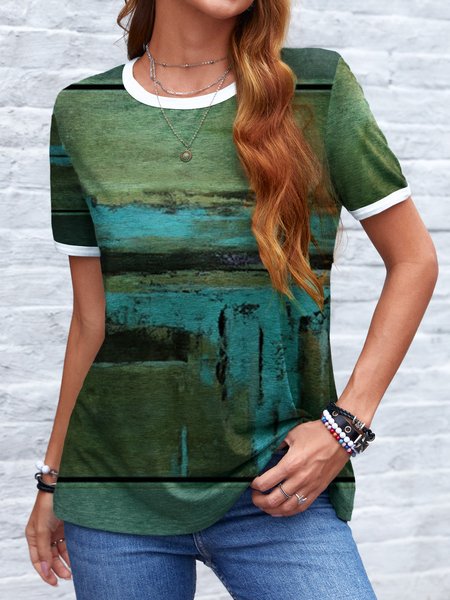 

Cotton Blends Casual Crew Neck Shirts & Tops, Green, T-Shirts
