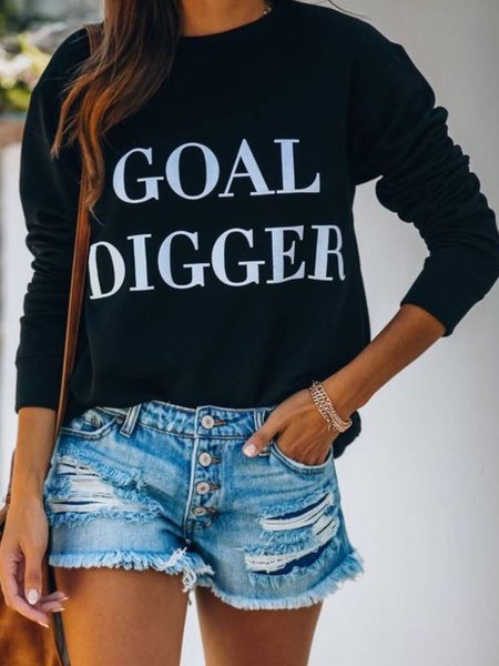 

Round Neck Letter Casual Shirts & Tops, Black, T-Shirts