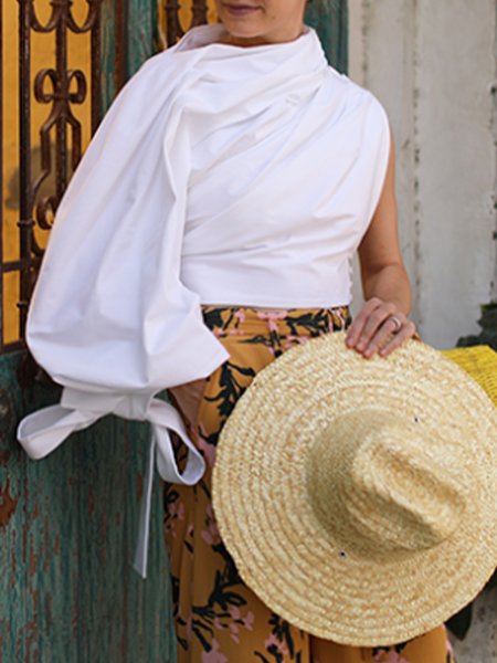 

Vacation One Shoulder Solid Chic Top, White, Blouses and Shirts