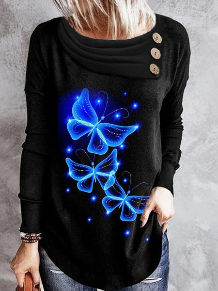 

Butterfly Printed Cowl neck Buttoned Casual Loosen Shirts & Tops, Black, Tops