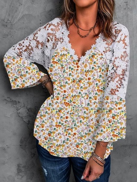 

Casual Lace Long Sleeve V Neck Plus Size Floral Printed Tops, Yellow, Tops