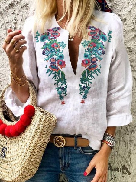 

Embroidered Boho embroidered floral Shirts & Tops, White, Tops