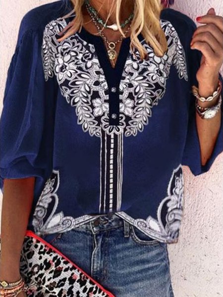 

Floral Pattern 3/4 Sleeves Notched Plus Size Casual Tops, Blue, Tops