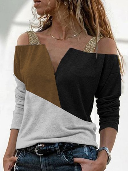 

Color Block Sequins Off The Shoulder Loosen Long Sleeve Shirts & Tops, Multicolor, T-Shirts