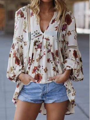 

Loosen V Neck Floral Lace Shirts & Tops, Apricot, Long sleeve tops