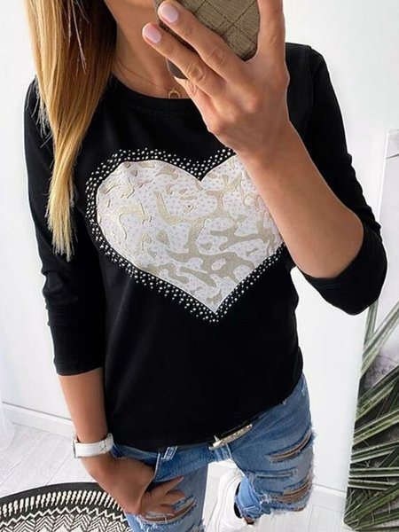 

Casual Crew Neck Heart Long Sleeve Loosen Shirts & Tops, Black, T-Shirts