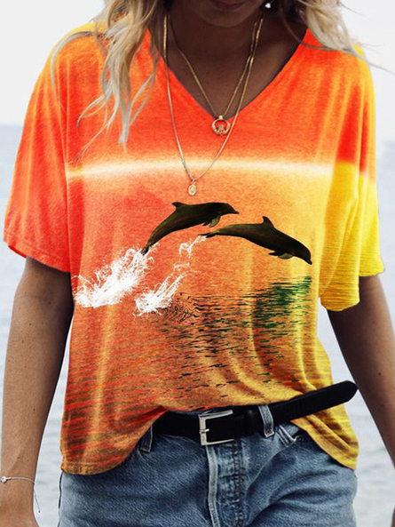 

Loosen V Neck Vacation Sea Short sleeve tops, Orange, T-Shirts