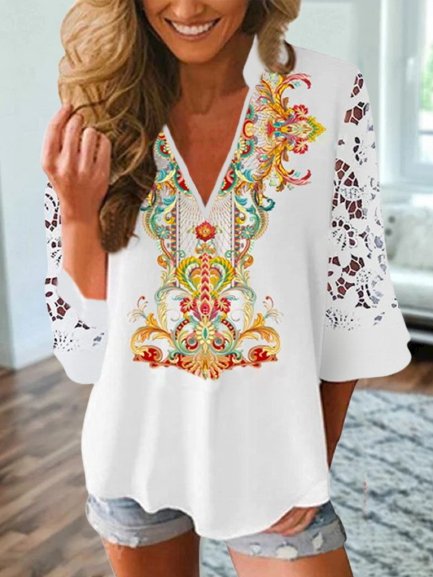 Tribal Pattern Lace 3/4 Sleeves V Neck Plus Size Casual Tops, White, Tops