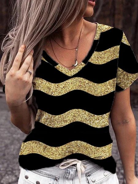 

V Neck Striped Loosen T-shirt, Black, T-Shirts