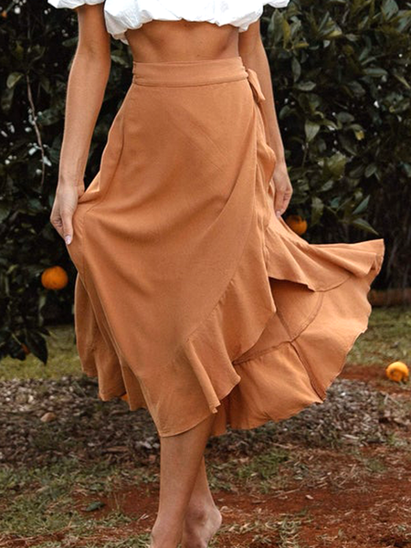 

Irregular ruffled hem umbrella skirt skirt Loosen Skirts, Orange, Skirts