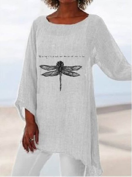 

Dragonfly Loosen Letter Shirts & Tops, White, Long sleeve tops