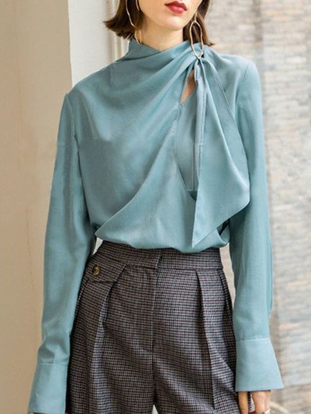 

Long sleeve Plain Tie Neck Elegant Daily Top, Blue, Tops