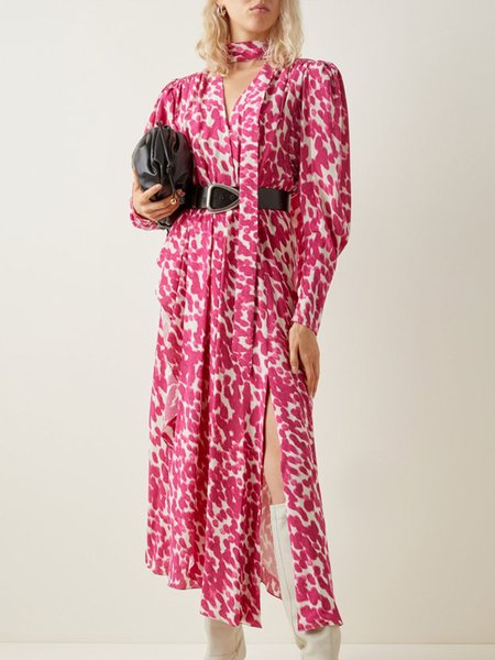 

Tie Neck Elegant Polka Dots Daily Dress, Rose red, Maxi Dresses