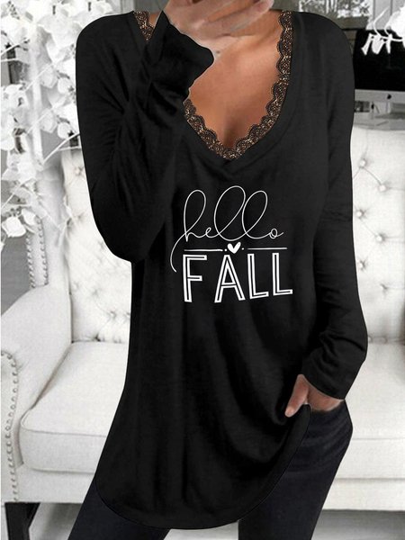 

Off Shoulder Cotton Blends Letter Loosen V Neck Casual Shirts & Tops, Black, T-Shirts