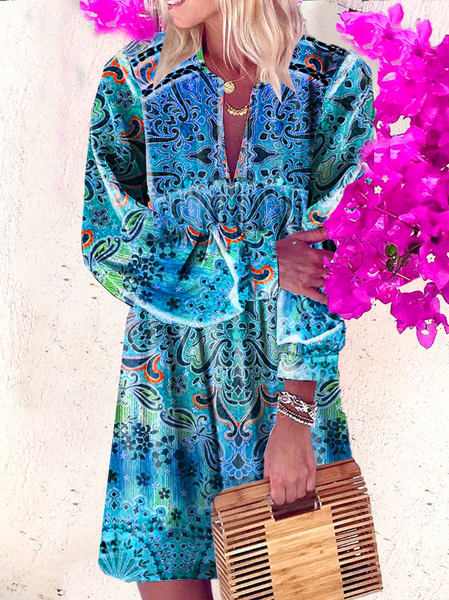 

Tribal Loosen V Neck Dresses, Blue, Mini Dresses
