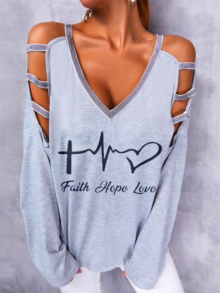 

Loosen Letter Casual Shirts & Tops, Gray, T-Shirts