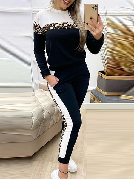 

Long sleeve Casual Crew Neck Leopard Suits, Black, Two-piece Outfits