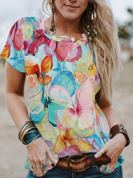 

Cotton Blends Butterfly Casual Vacation Shirts & Tops, Multicolor, T-Shirts
