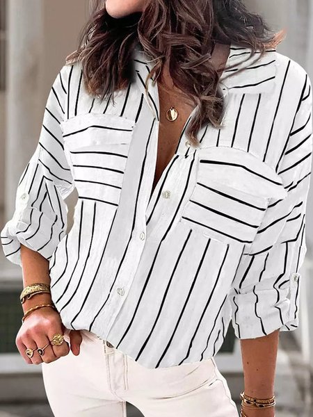 

Casual Pockets Cotton Blends Shirts & Tops, White, Blouses & Shirts