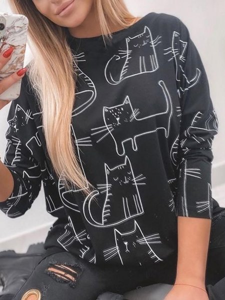 

Plus Size Casual Animal Crew Neck Long Sleeve Loosen Shirts & Tops, Black, T-Shirts