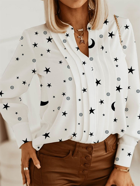 

Star Casual V Neck Ruffled Shirts & Tops, White, Tops