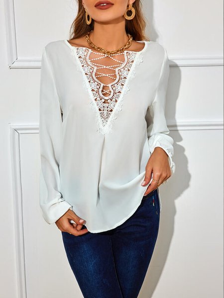 

Crew Neck Lace Panel Long Sleeve Casual Shirt, White, Long sleeve tops