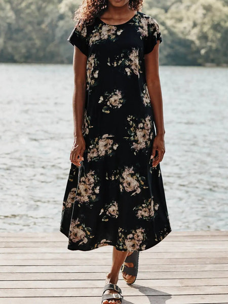 

Cotton Blends Floral Casual Vacation Dresses, Black, Maxi Dresses