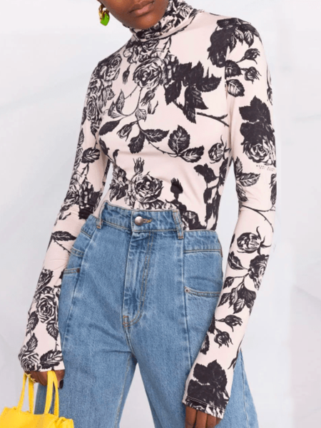 

Spring High Neck Slim Fit Elegant Daily High Neck Long sleeve Tops, Pink, Tees