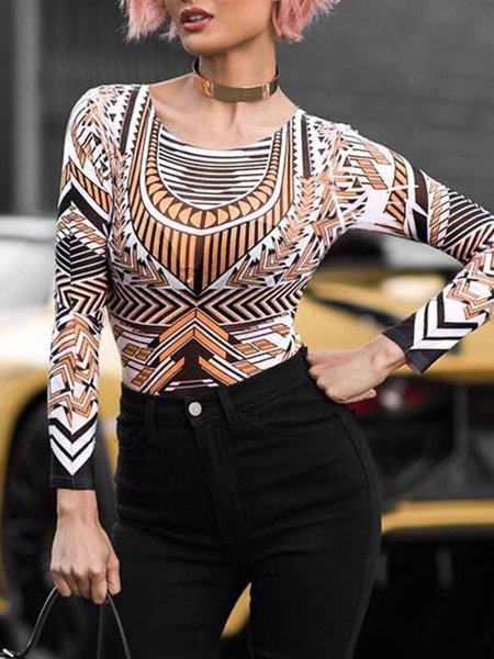Statement Crew Neck Long Sleeve Geometric Top, Multicolor, Blouses and Shirts