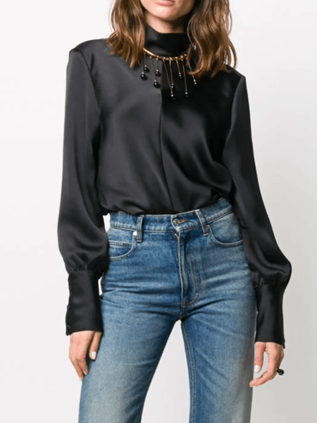 

Spring Stand Collar Plain Elegant Lightweight Long sleeve Tops, Black, Tops