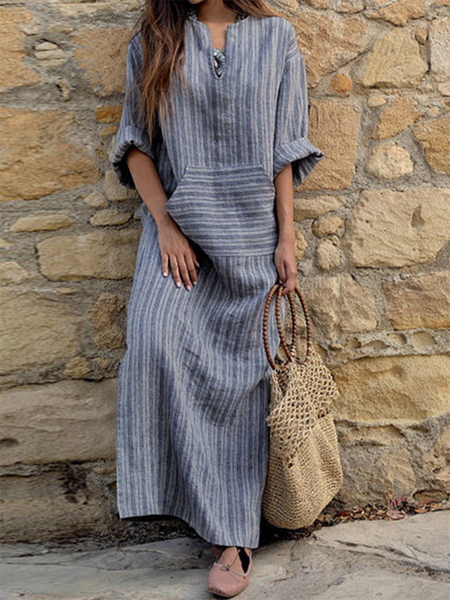 

Casual cotton and linen yarn-dyed striped loose long dress, Gray, Maxi Dresses
