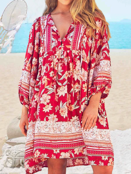 

Loosen Floral V Neck Dresses, Red, Mini Dresses