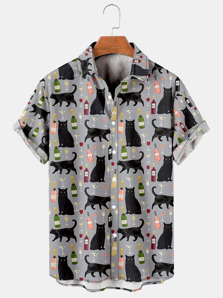 

Black Cat Wine Men's Short sleeve shirt, As picture, Short Sleeves Shirts