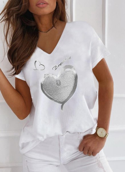 

Heart Print Letter V-Neck Short Sleeves T-shirts, White, T-Shirts