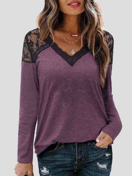 

Casual Long Sleeve Round Neck Plus Size Printed Tops T-shirts, Purple, T-Shirts