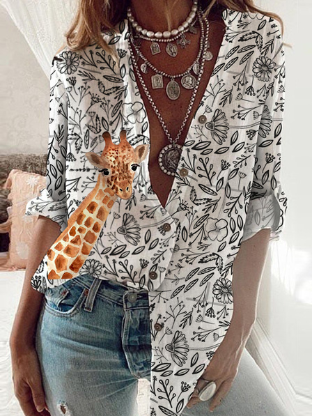 

Giraffe Vacation V Neck Floral Loosen Shirts & Tops, White, Shirts & Blouses